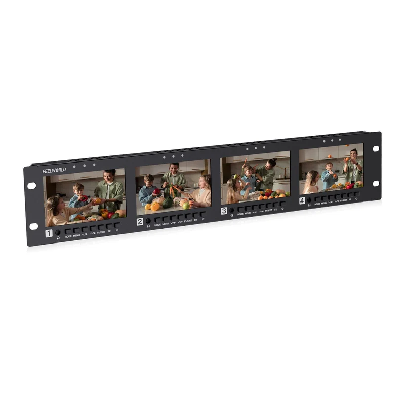 Moniteur rackable FEELWORLD Q41 Quad 4.5 pouces 2U avec entrées et sorties AV 3G-SDI et 4K HDMI