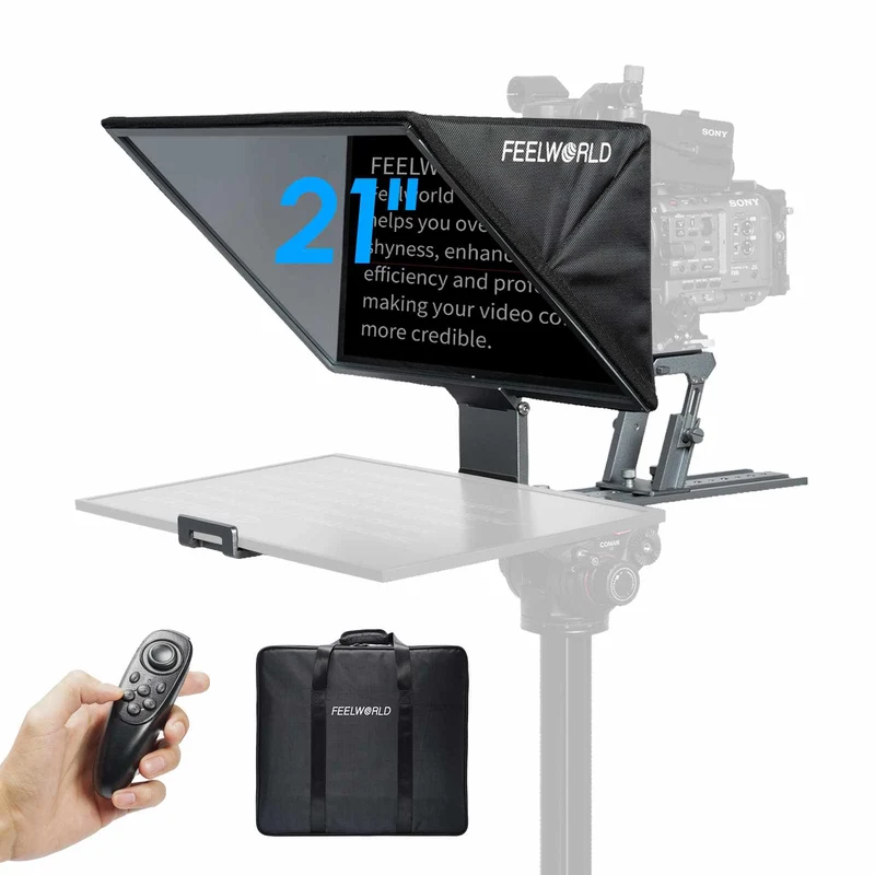 Téléprompteur pliable FEELWORLD TP21 de 21 pouces, compatible avec les appareils de prompteur jusqu'à 21.5 pouces, affichage horizontal et vertical, télécommande Bluetooth.