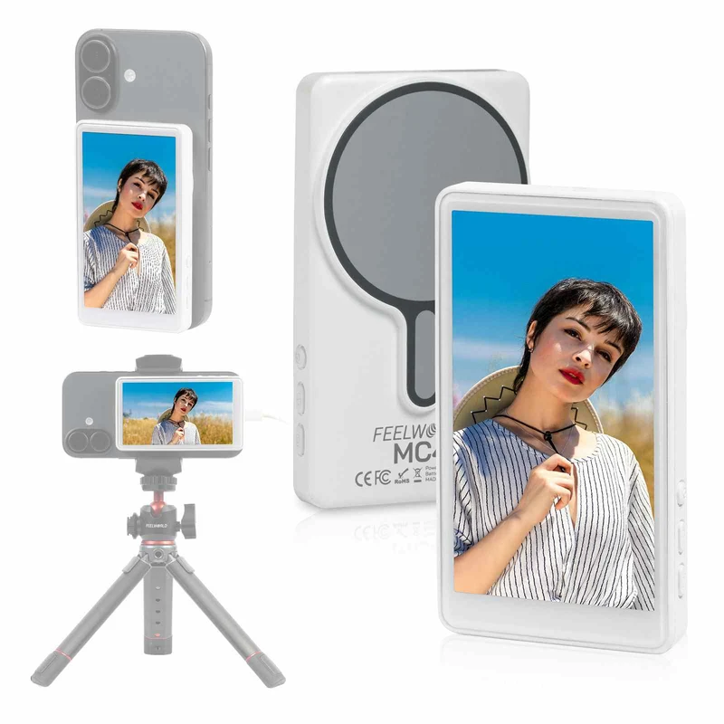 Moniteur selfie FEELWORLD MC4 pour iPhone/Android, 4K/1080p, magnétique, sans fil, portée de 30 m (99 pieds), HD pour vlogging et streaming