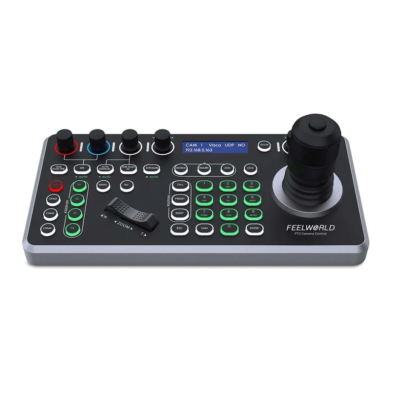 Contrôleur de caméra PTZ NDI FEELWORLD KBC20N avec joystick et clavier, compatible avec plusieurs protocoles de contrôle et PoE.
