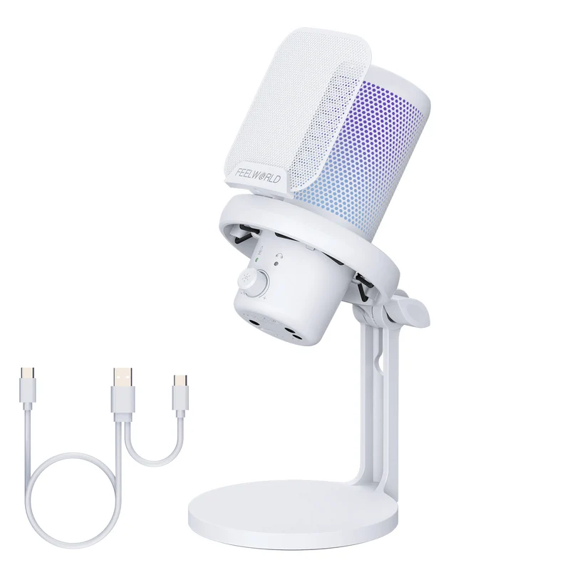 Microphone à condensateur USB pour PC de jeu FEELWORLD VM1 blanc avec support de bureau