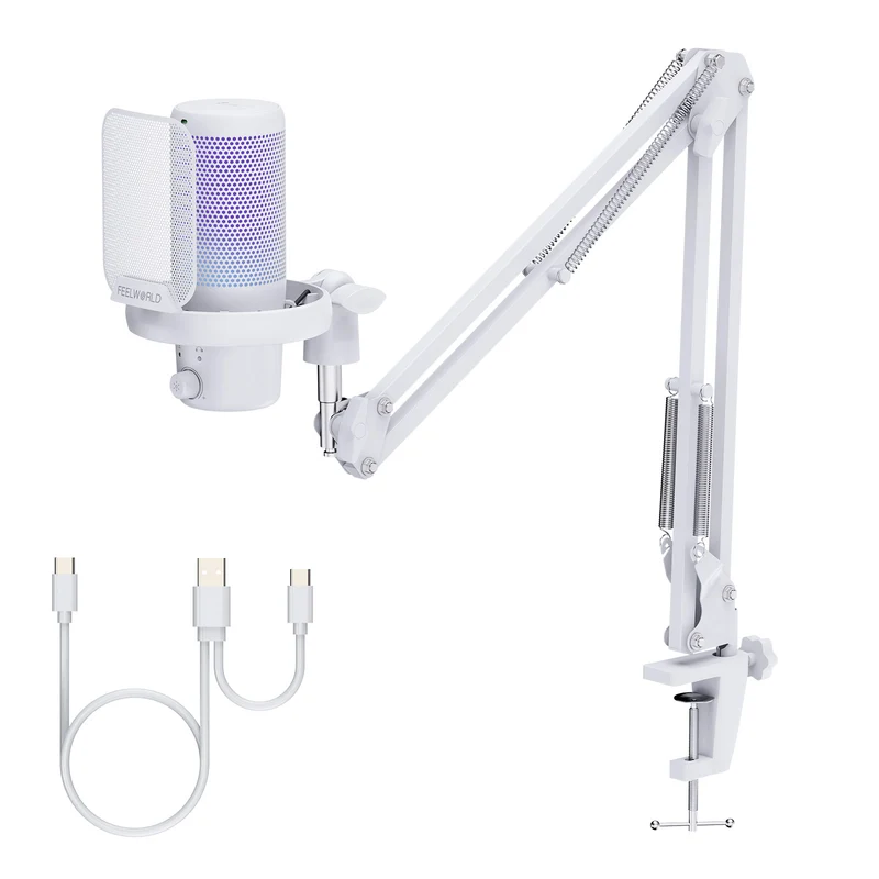 Microphone à condensateur USB pour PC de jeu FEELWORLD VM1 blanc avec support à perche