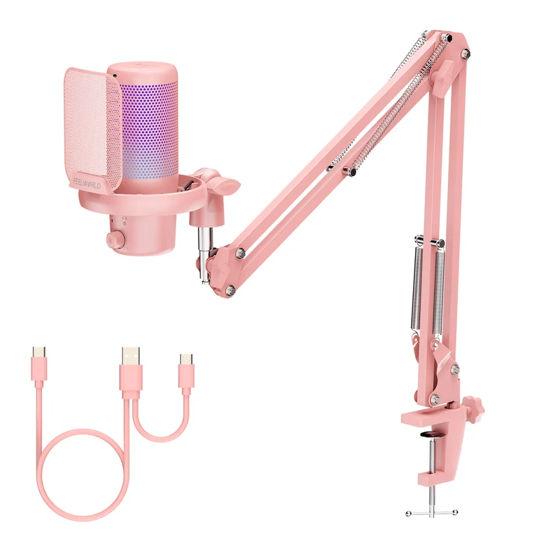 Microphone à condensateur USB pour PC de jeu FEELWORLD VM1 rose avec support à perche