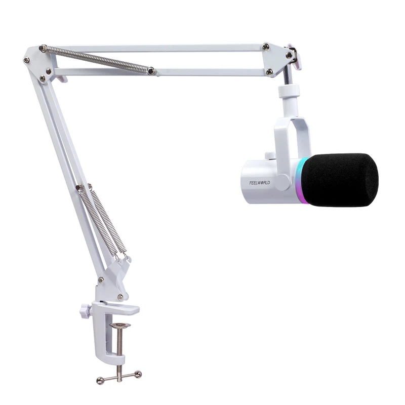 Microphone dynamique USB XLR blanc FEELWORLD PM1 avec support de perche pour podcast