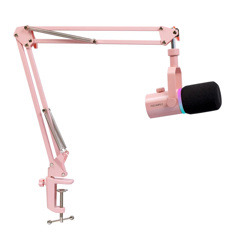 Microphone dynamique USB XLR rose FEELWORLD PM1 avec support de perche pour podcast