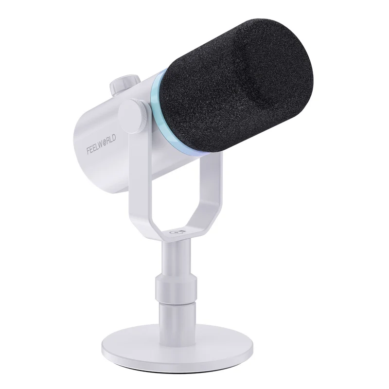 Microphone dynamique USB XLR blanc FEELWORLD PM1 avec support de bureau pour podcast