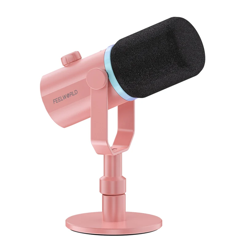 Microphone dynamique USB XLR rose FEELWORLD PM1 avec support de bureau pour podcast