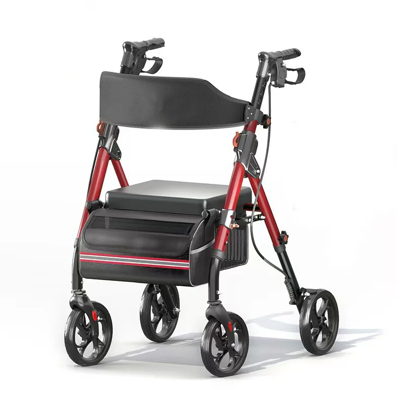 Z-EDGE Foldable Rollator Walkers with Seat for Seniors, 350 lb Capacity, 8'' Big Wheels, 6-Position Height, Aluminum Hybrid Rolling Walker, Red