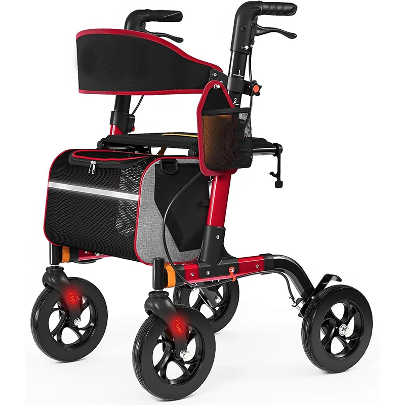 Z-EDGE Walkers for Seniors, Rollator Walker with Seat, 350 lb Weight Capacity, 18" Big Seat, 8" All-Terrain Wheels, 6-Level Adjustable Height, Red