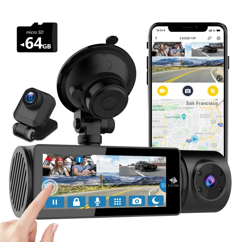 Refurbished: T3P 3-Channel Touch Screen 4K Dash Cam, 4K+1080P Front and Inside, 1600P+1080P+1080P Car Camera, WiFi&App Connection, IR Night Vision, Super Capacitor, Support 512GB Max (64GB Card Included)