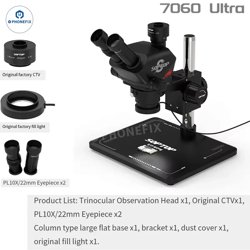 Microscope stéréo trinoculaire ultra SOPTOP 7-60X avec caméra 4K