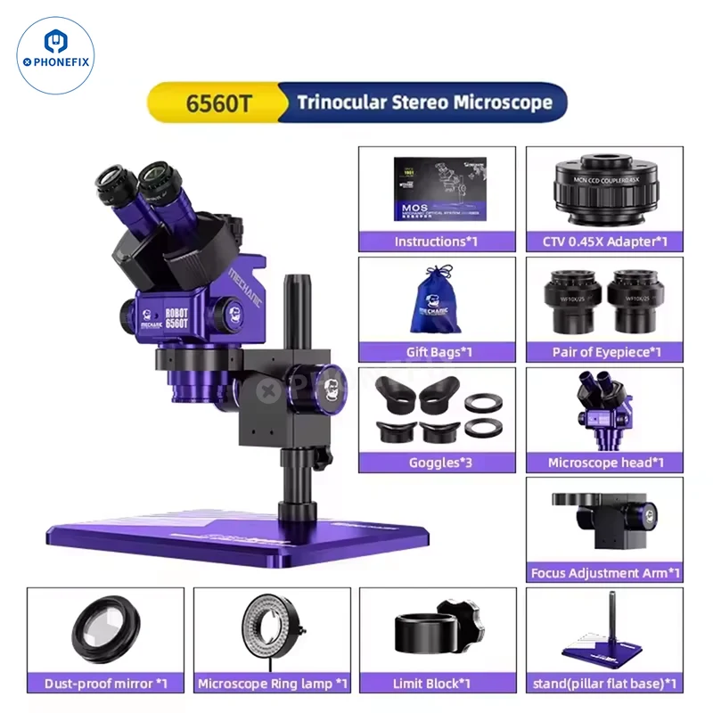 Microscope stéréo trinoculaire MECHANIC ROBOT 6560T-B11 6.5-60X