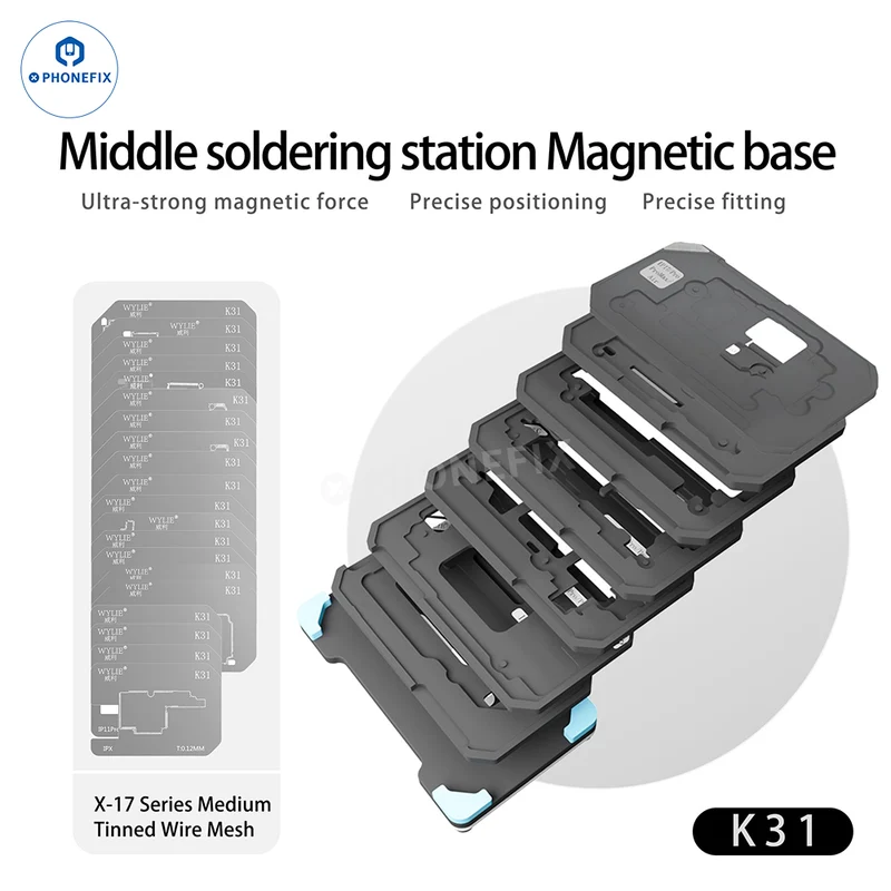 Plateforme de reballage magnétique pour couche intermédiaire WYLIE K31 pour iPhone X-16 Pro Max