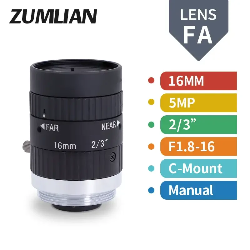 Objectif à focale fixe 5 MP 16 mm-50 mm 1/1.8 pouce FA à monture C F1.8-16 à diaphragme manuel