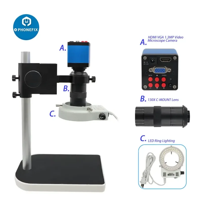 Ensemble de microscope industriel 13MP HDMI VGA, objectif 130X, 40 LED