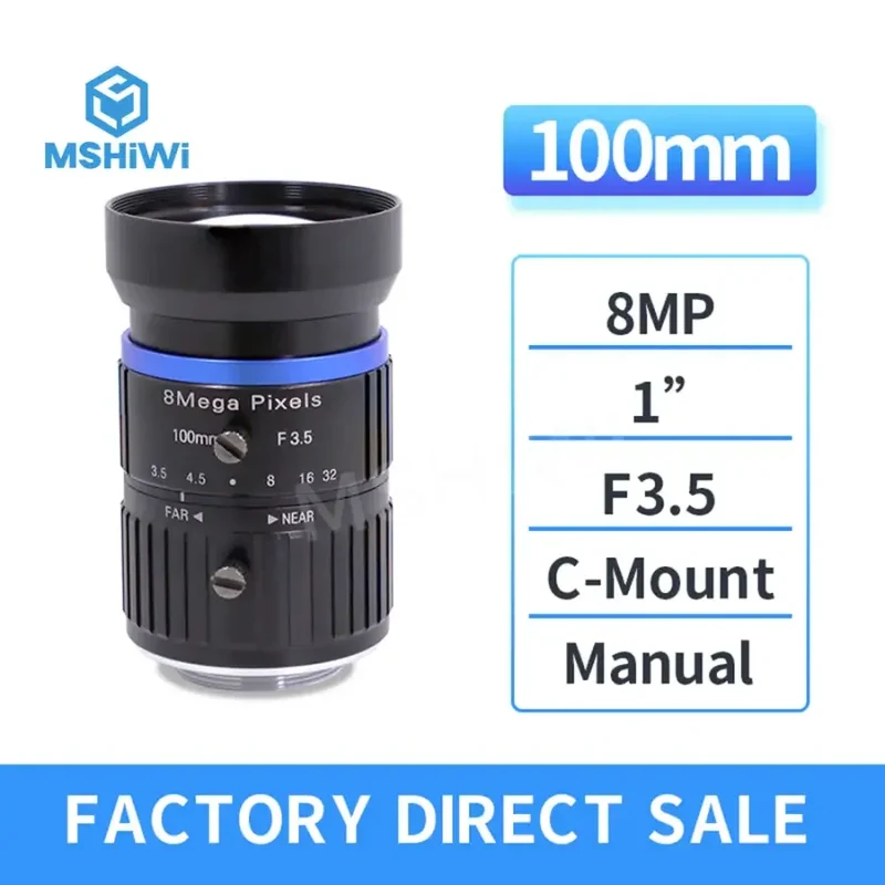 Objectif industriel FA 8MP 100 mm monture C F3.5 à ouverture manuelle et diaphragme 1"