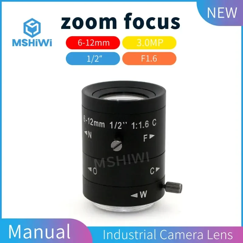 Objectif varifocal 3MP 6-12 mm, ouverture f/1.6, monture C pour capteur 1/1.2"