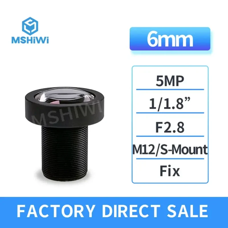 Objectif CCTV 5.0 MP 6 mm F2.8 à ouverture fixe 1/1.8" à monture M12/S