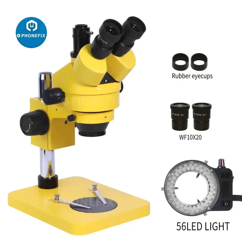Microscope stéréo trinoculaire jaune à zoom 7X-45X pour la réparation des circuits imprimés de téléphones