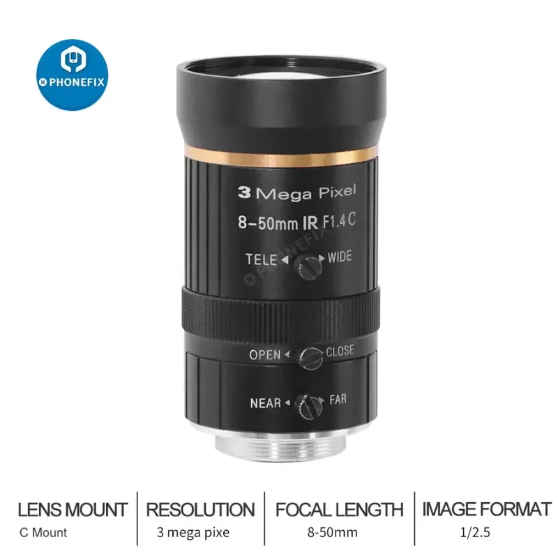 Objectif 3MP 8-50 mm 1/2.5″ F1.4 monture C pour caméra industrielle CCTV