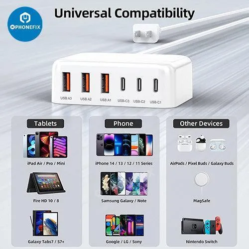Station de charge rapide USB-C 6 en 1, chargeur multiport pour téléphone et tablette
