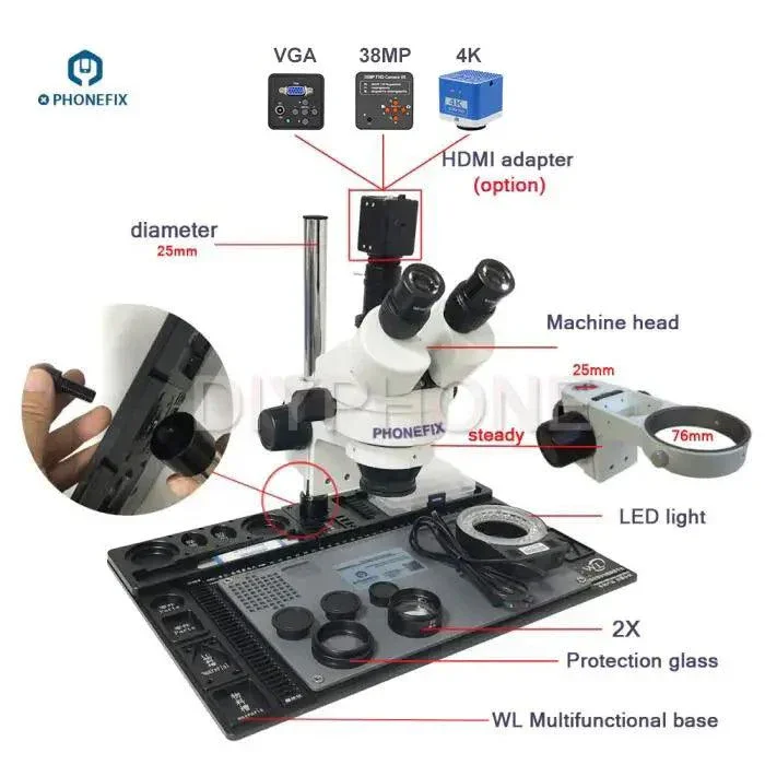 Microscope trinoculaire 3.5X-90X avec tampon de soudure en alliage d'aluminium