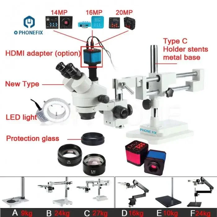 Microscope trinoculaire à double bras 3.5X-90X avec caméra industrielle