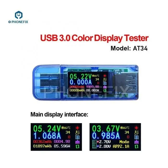 Chargeur USB AT34, voltmètre, ampèremètre, testeur, détecteur de batterie externe