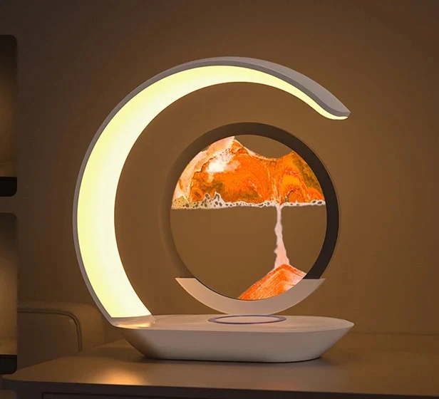 Lampe à sable animé avec charge sans fil 15 W — arche LED tactile et sablier en verre