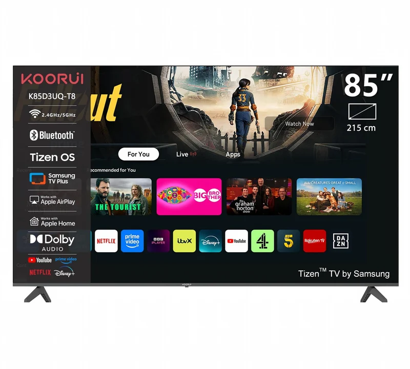 KOORUI K85D3UQ-T8, 85 pouces, 4K QLED, TIZEN TV, Design sans bords, Son dynamique avec Dolby Audio, Finition métallique haut de gamme