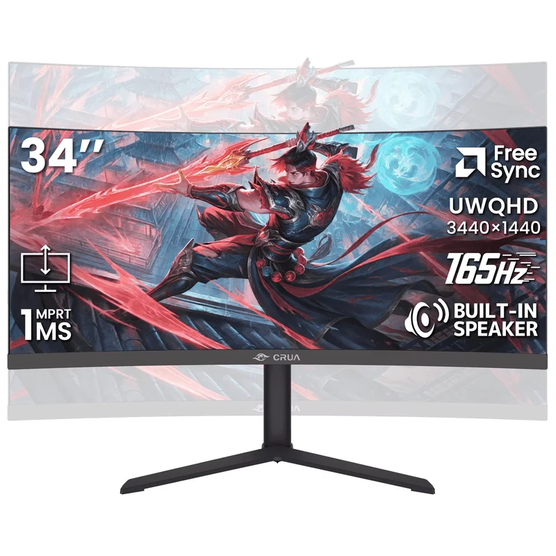 CRUA 34"165Hz Curved Ultrawide Gaming Monitor, 3440×1440 UWQHD, Height Adjustable Stand, Built-in Speakers, HDMI & DisplayPort, Black
