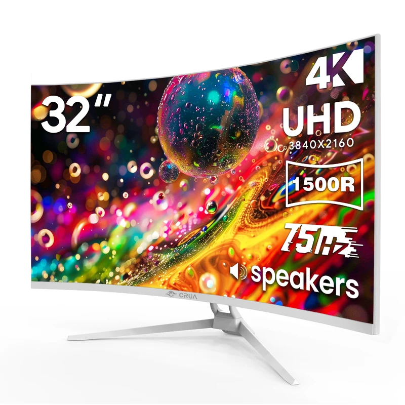 CRUA 32" 75HZ Curved Monitor, UHD(3840×2160) 1080P 1500R Computer Monitor, 120% SRGB, 2ms (GTG), AMD FreeSync,DP & HDMI Port, white