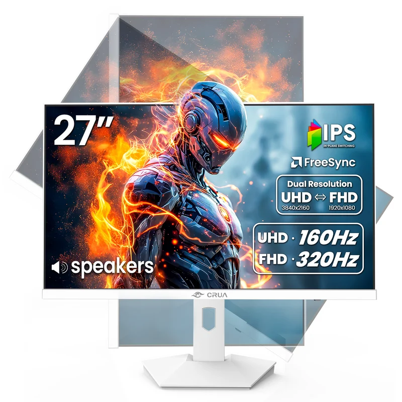 CRUA 27” Gaming Monitor, UHD (3840x2160) Dual Mode (4K 160Hz or FHD 320Hz), 120% sRGB, Support FreeSync, Built-in Speakers, Height adjustable, RGB Lighting, HDMI & DP, Wall Mount Install-White