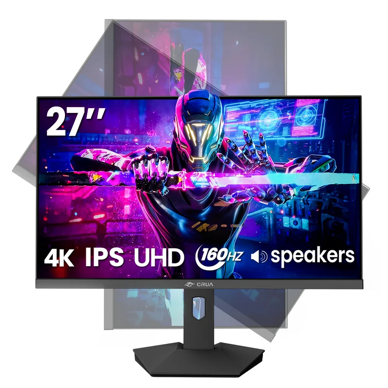 CRUA 27" 160Hz Gaming Monitor, IPS UHD(3840x2160P), 120% SRGB, Support FreeSync, Height adjustable, Lighting effects, Built-in Speakers, HDMI & DP, Black