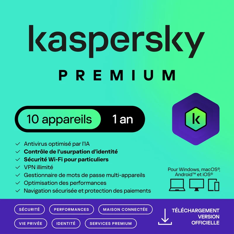 Kaspersky Premium 2026 - 10 appareils - 1 an - Licence par e-mail