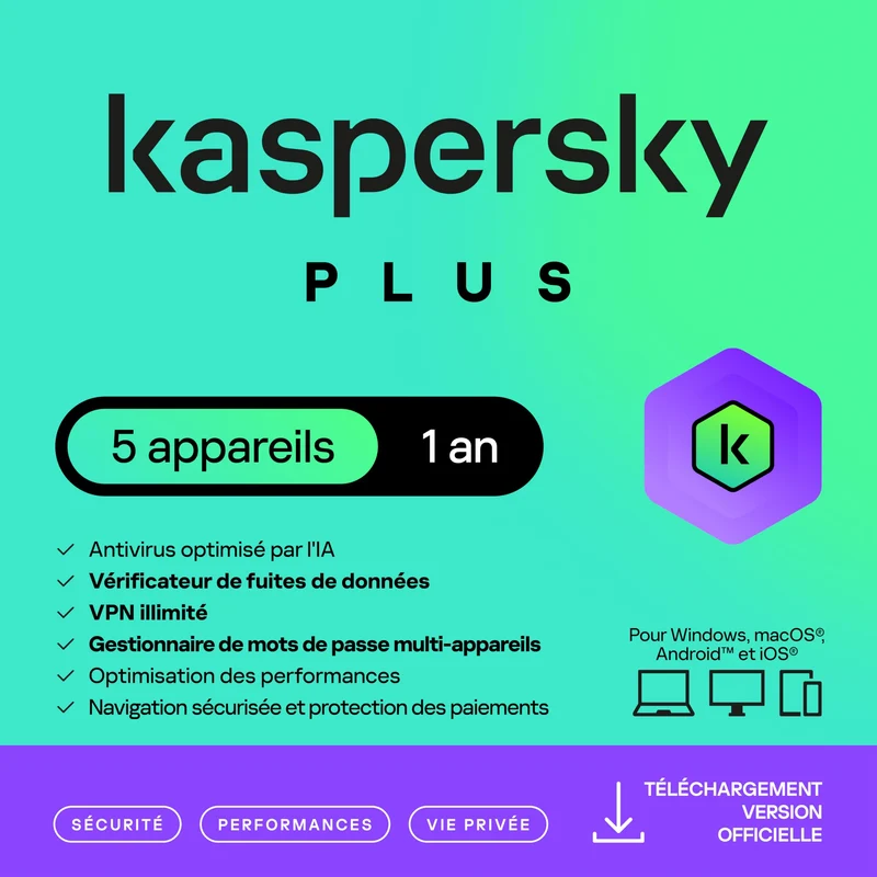Kaspersky Plus 2026 - 5 appareils - 1 an - Licence par e-mail
