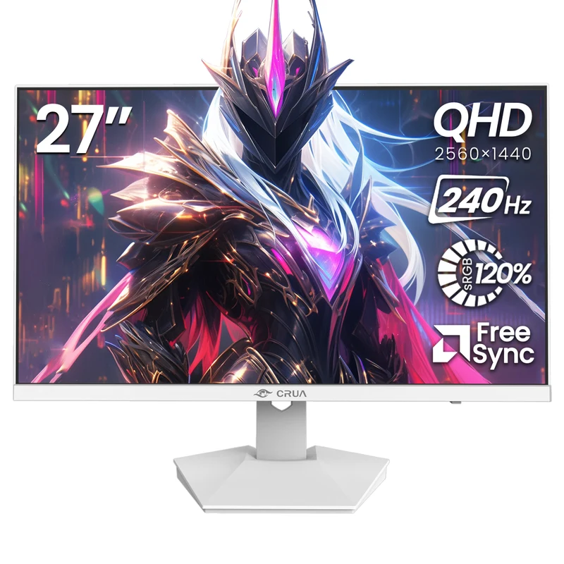 CRUA 27 Inch Gaming Monitor QHD 1440P 240Hz 120% sRGB IPS Computer Monitor with Built in Speaker, Tilt Adjustable, Support FreeSync, DP&HDMI, Wall Mount-White