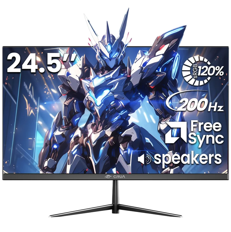 CRUA 24.5 inch 200hz Ips FHD gaming monitor 1920x1080 120% Srgb Freesync, DP/HDMI, built-in speakers, support wall mounting black