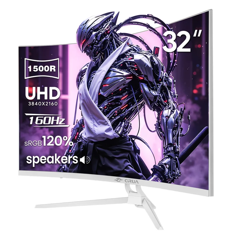 CRUA 32" Curved Gaming Monitor, 144Hz/160Hz 4K UHD(3840 * 2160P) 1500R VA Screen, Supports AMD Freesync, 120% sRGB, Built-in Speakers, RGB Lighting, Wall Mountable Installs(HDMI 2.1/DP 1.4)-White