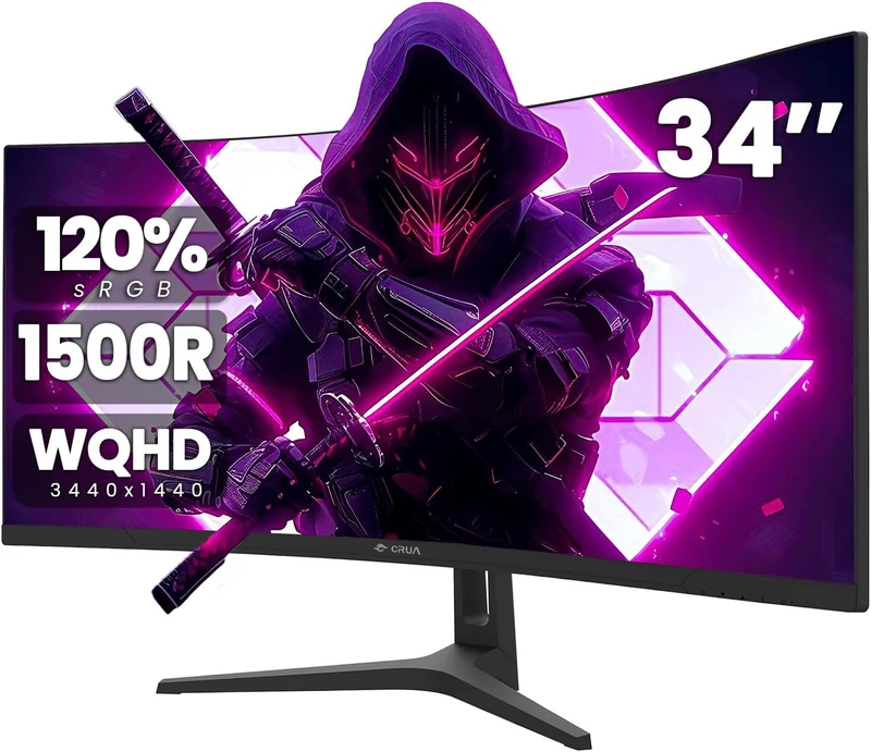 CRUA 34" WQHD 165Hz Ultrawide Curved Gaming Monitor, 1500R, FreeSync, Black 21:9 Display With 120%sRGB Color, HDMI 2.0, DP 1.4, 3.5mm Audio Out and 75x75mm Wall Mount For PC Gaming, Editing and Work