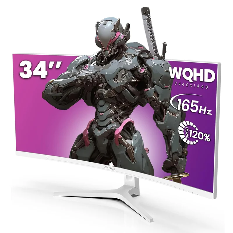 CRUA 34" UWQHD 165Hz White Curved Gaming Monitor, 21:9 Ultrawide, 1500R VA, 3440x1440, FreeSync, PIP/PBP, 120% sRGB, HDMI 2.0, DP 1.4, Blue Light, Tilt Stand, 75x75 Mount, Office, Editing, Racing