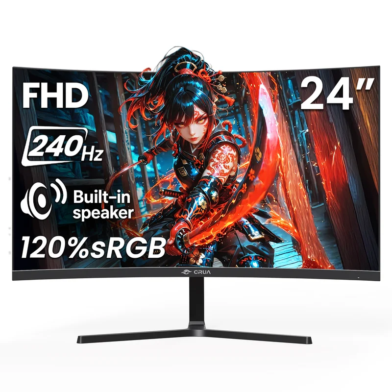 CRUA 24” 240Hz Gaming Monitor, Curved FHD 1920 x 1080P, Support 120% sRGB, AMD FreeSync, Low Motion Blur, Wall Mount Installs Compatible, for Office and Games(HDMI 2.0 & DP 1.4) – Black