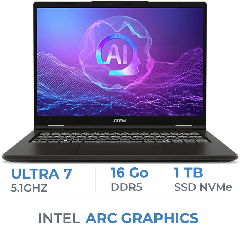 MSI Venture 14 AI A2HMG-036MA Intel Ultra 7-255H/16Go DDR5/1TB SSD/14" 120Hz 2.8K Noir Classic
