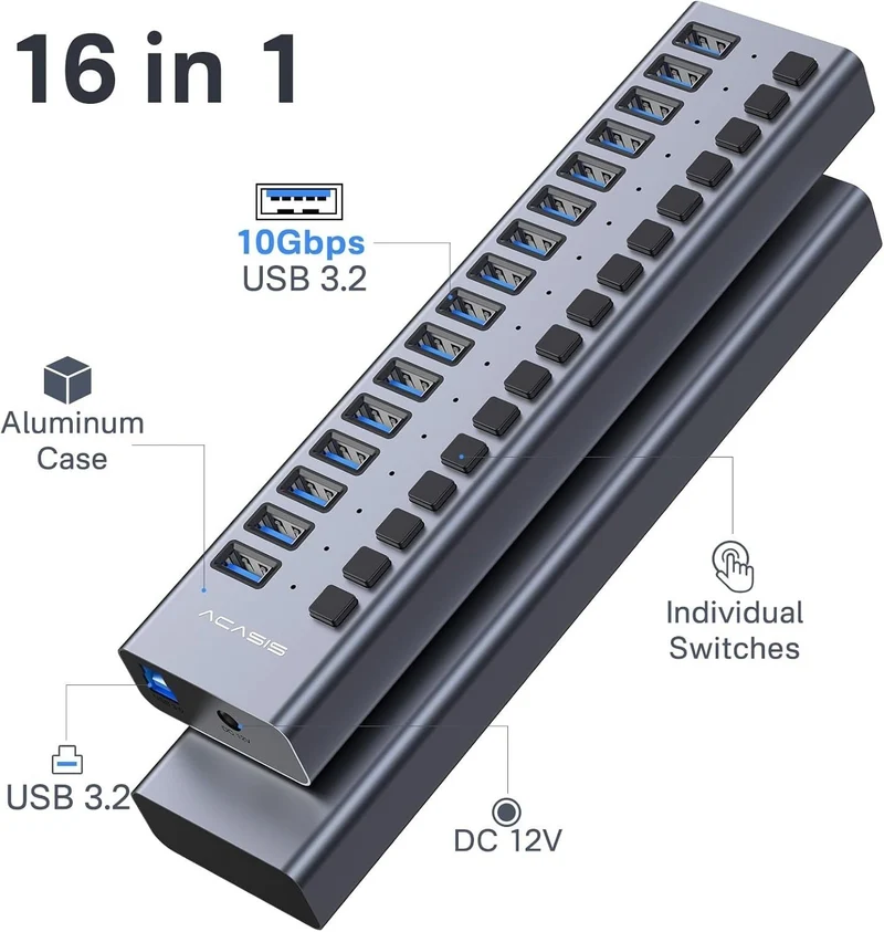 ACASIS HS-716MG USB 3.2 Gen2 10Gbps 12V/8A 16 Port USB-A + On/Off Switch
