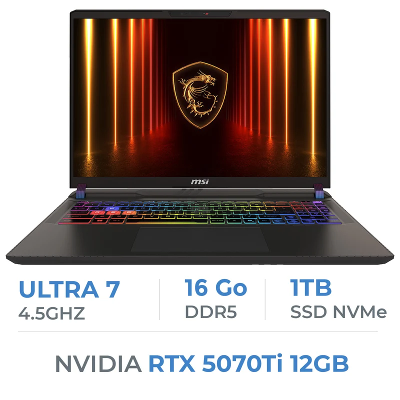 MSI Vector 16 HX AI A2XWHG-087FR Ultra 7-255HX/16 Go DDR5/1TB SSD/RTX 5070 Ti/16"